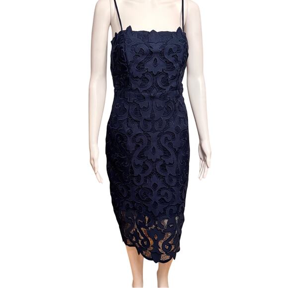 Bardot Navy Blue Lace Midi Dress Women's US 6 Scalloped Hem Cocktail Bodycon - Picture 2 of 14